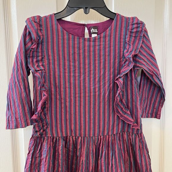 Tea Collection Purple Metallic Stripe Ruffle Dress Girls Size 7 - Picture 2 of 10